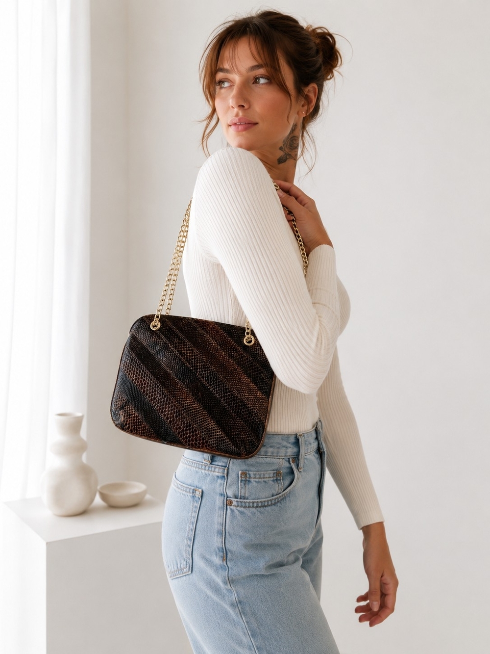 Vintage Y2K Genuine Snakeskin Shoulder Bag – Gold Chain – Brown & Black